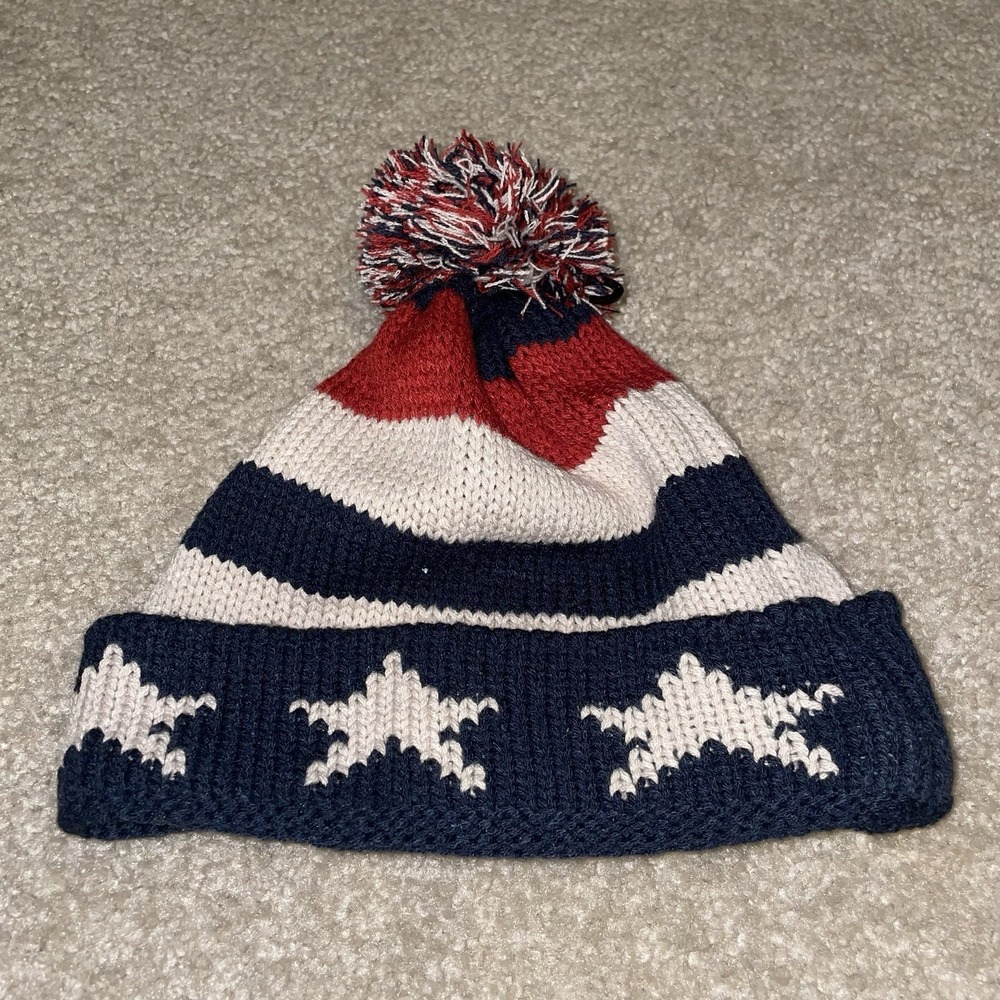 Modena‎ New York Patriotic Americana Knit Beanie Stars Stripes Pom Pom Hat NWT